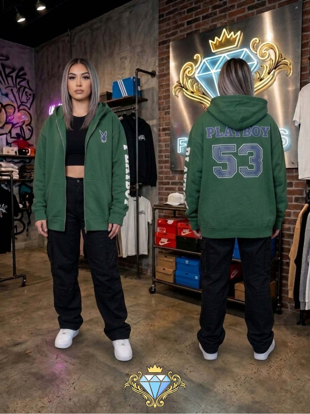 Playboy x Missguided Forest Green Oversized Zip Hoodie Distressed Hems Size 10